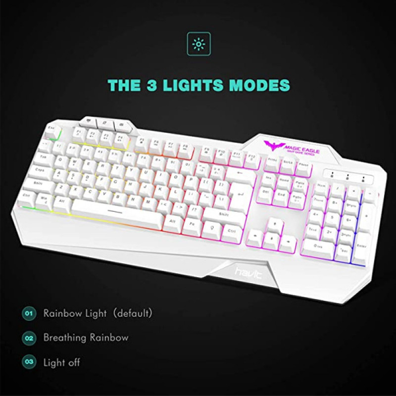 havit Keyboard Rainbow Backlit Wired Gaming Keyboard Mouse Combo, LED 104 Keys USB Ergonomic Wrist Rest Keyboard, 4800 DPI Mouse for PC Gamer (White)