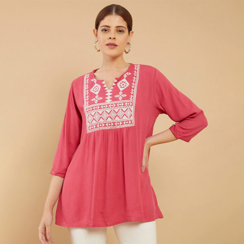 Pink & White Viscose Rayon Embroidered Tunic